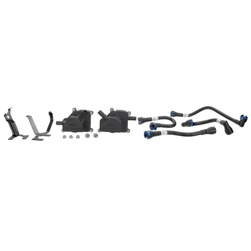 Ford Performance dual oil air separator kit for 2024-2025 Mustang 5.0L with canisters, brackets, and OEM-quality hoses.