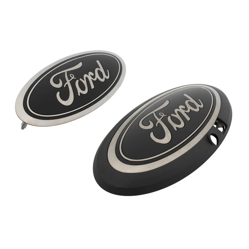 Ford Performance black and smoked chrome front and rear oval emblem kit with front camera provision for 2021-2023 F-150.