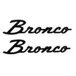 Pair of gloss black Ford Bronco Classic Script fender badges for 2021-2025 models.