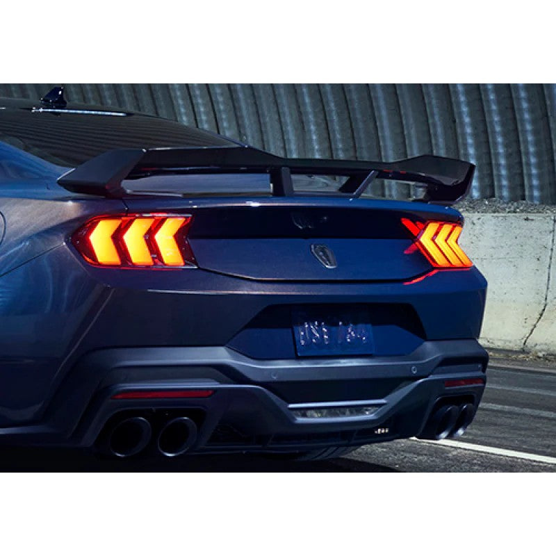 Black Ford Racing rear spoiler with a Gurney Flap installed on a 2024-2025 Ford Mustang Fastback