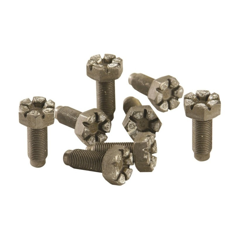 Set of eight silver Ford Racing M10 x 1.0 x 26.5mm manual flywheel bolts for 2005-2010 Mustang GT.