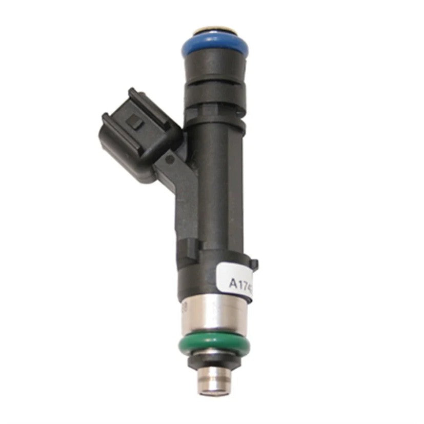 Ford Racing 47 lb/hr fuel injector set of eight featuring blue-tipped injectors with USCAR connectors.