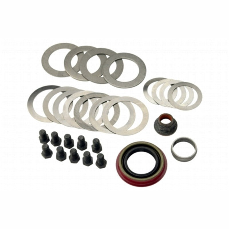 Ford Racing M-4210-A 8.8-inch ring and pinion installation kit featuring shims, crush sleeve, seal, and ring gear bolts.