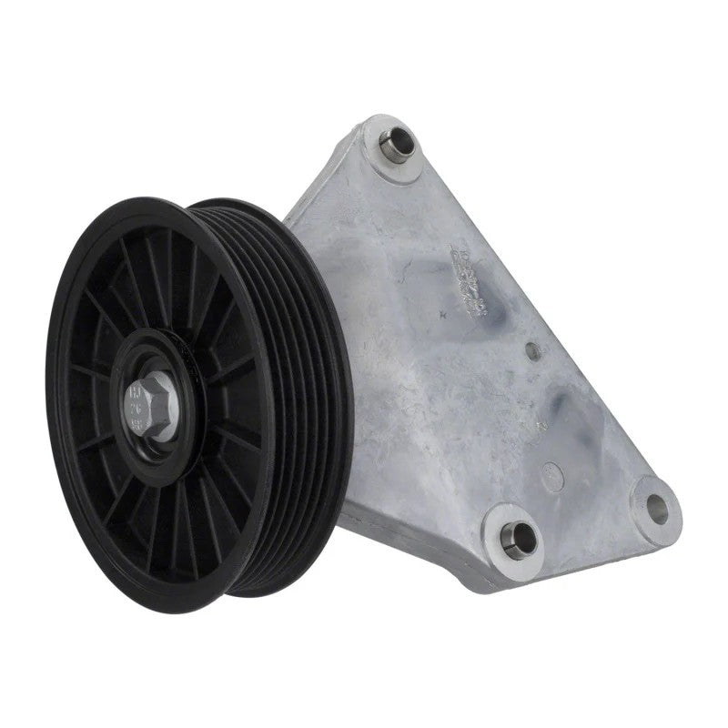 Ford Performance cast aluminum A/C eliminator bracket and idler pulley for 1996-2010 4.6L Mustang engines.