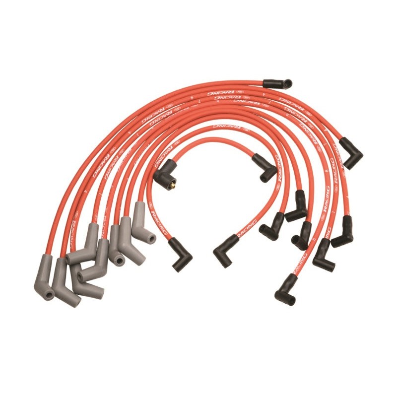 Red Ford Racing 9mm spark plug wire set with black 45-degree boots and stainless steel terminals.