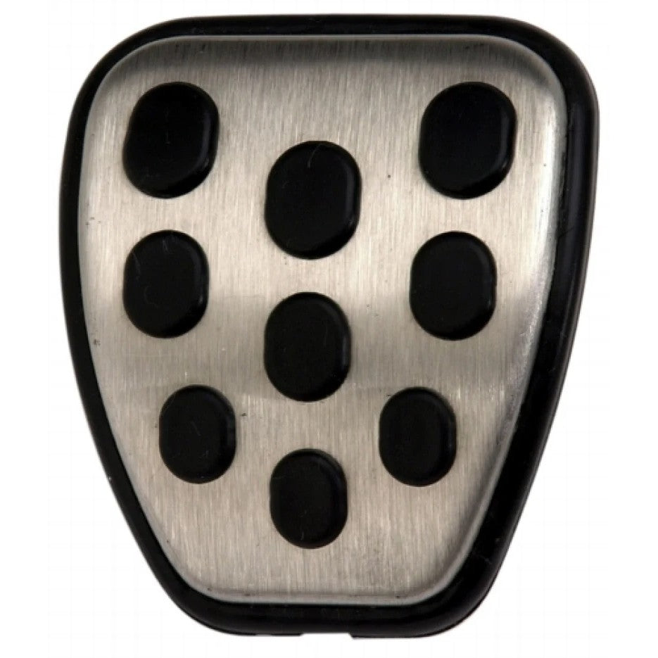 Brushed aluminum Ford Racing pedal covers with black urethane grip knobs for 1994-2004 Ford Mustangs.