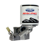 Machined aluminum Ford Performance oil filter adapter with threaded center stud and rubber gasket.