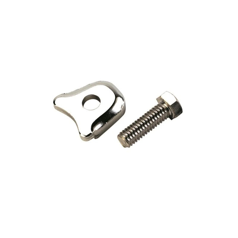 Triple chrome-plated steel distributor hold-down clamp for 1968-1995 Ford Mustang engines.
