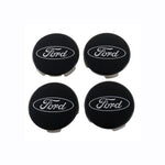 Four gloss black wheel center caps with embossed chrome Ford logos in a set.