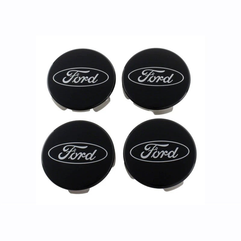 Four gloss black wheel center caps with embossed chrome Ford logos in a set.