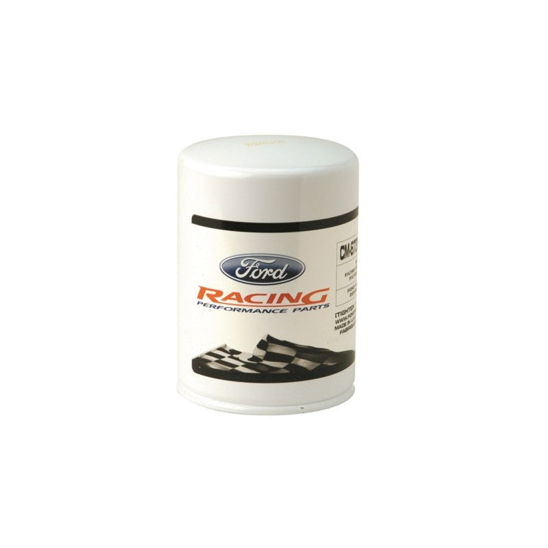 Ford Racing high performance oil filter CM-6731-FL1A with white canister and blue branding.