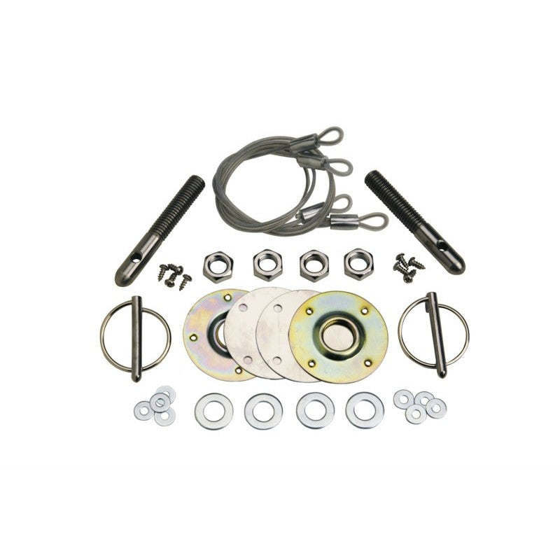 Ford Racing Hood Latch and Pin Kit with chrome pins, mounting plates, and lanyards for 1967-1973 Mustang.