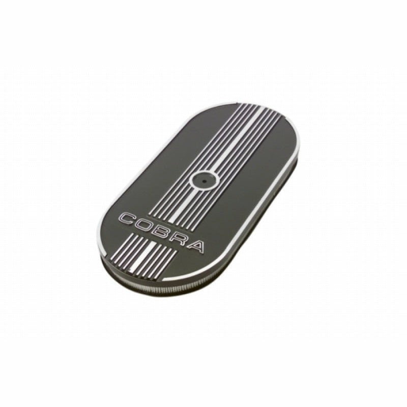 Ford Racing oval air cleaner assembly with black satin finish and embossed Cobra logo on a die-cast aluminum lid.