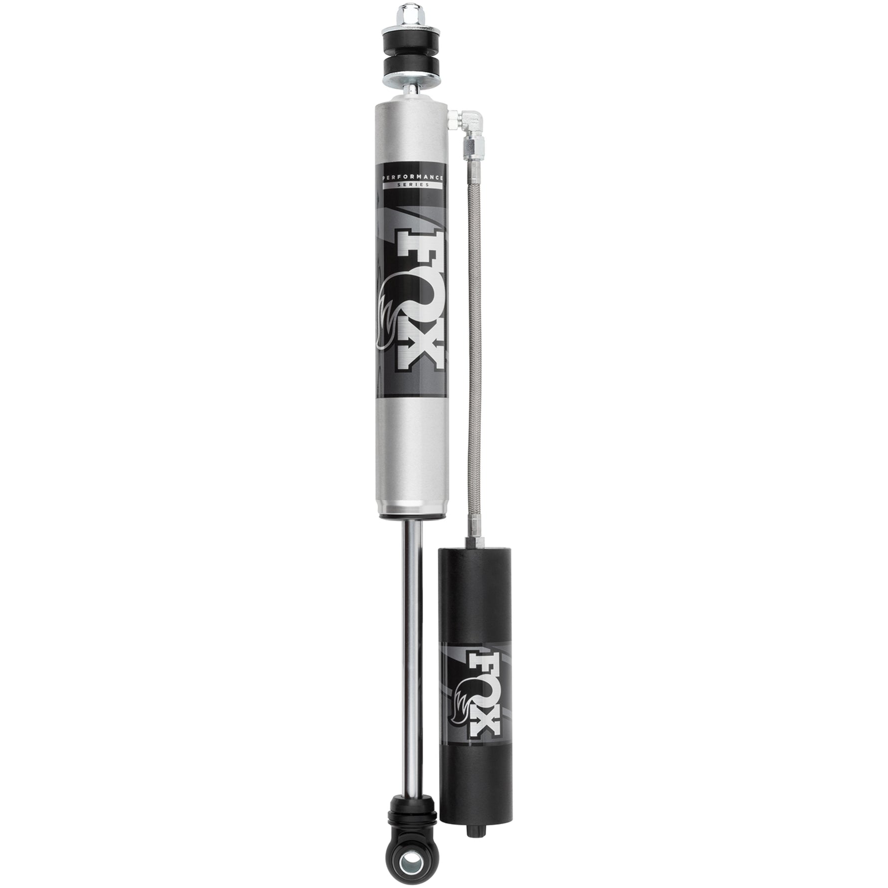 Fox 2.0 Performance Series remote reservoir rear shock with clear-anodized aluminum body and black mounting clamp.