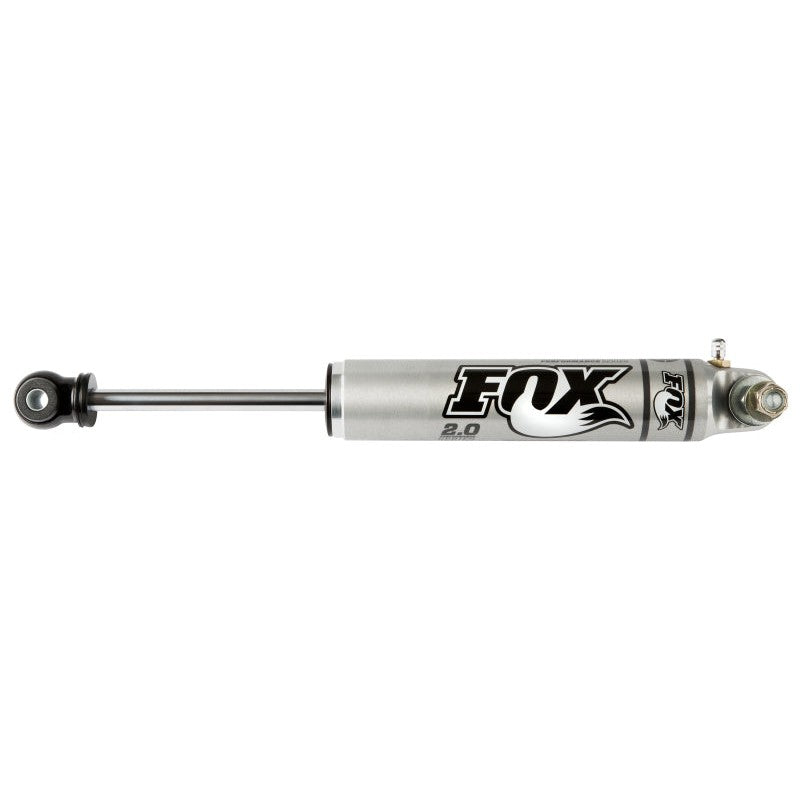 Fox 2.0 Performance Series aluminum smooth body steering stabilizer with spherical bearings and CNC components.