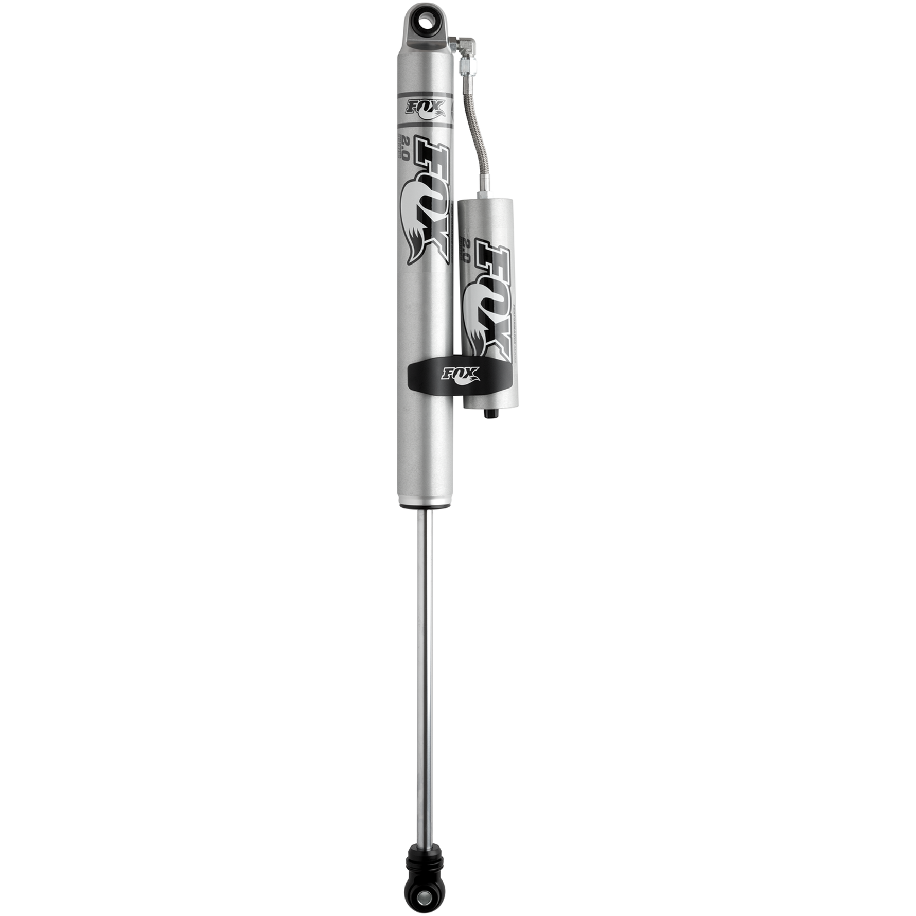 Fox 2.0 Performance Series rear piggyback reservoir shock with silver zinc-plated body and black anodized components.