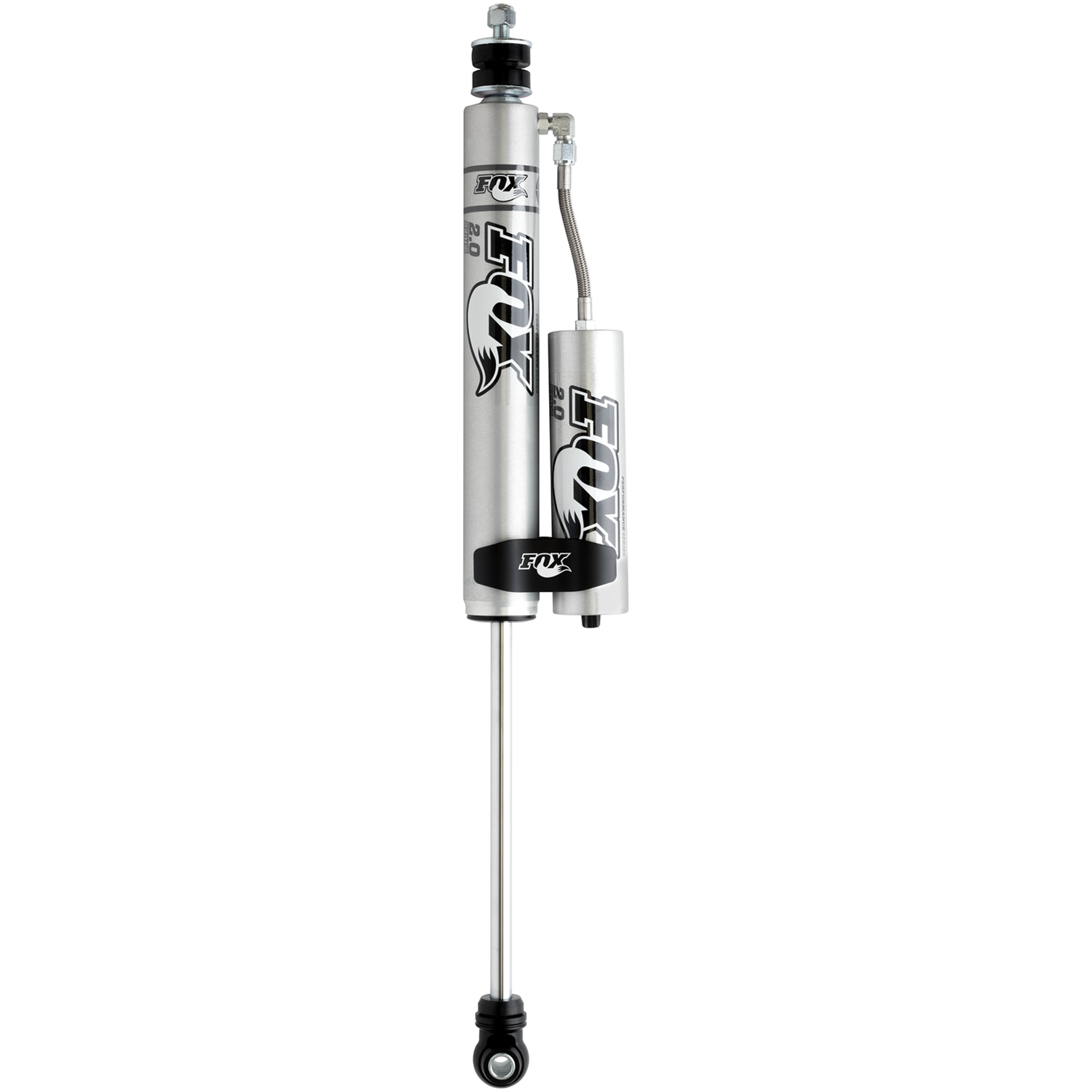 Fox 2.0 Performance Series 8.6-inch travel remote reservoir front shock with black anodized aluminum reservoir clamp.