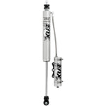 Fox 2.0 Performance Series remote reservoir front shock with silver aluminum body and black anodized components.