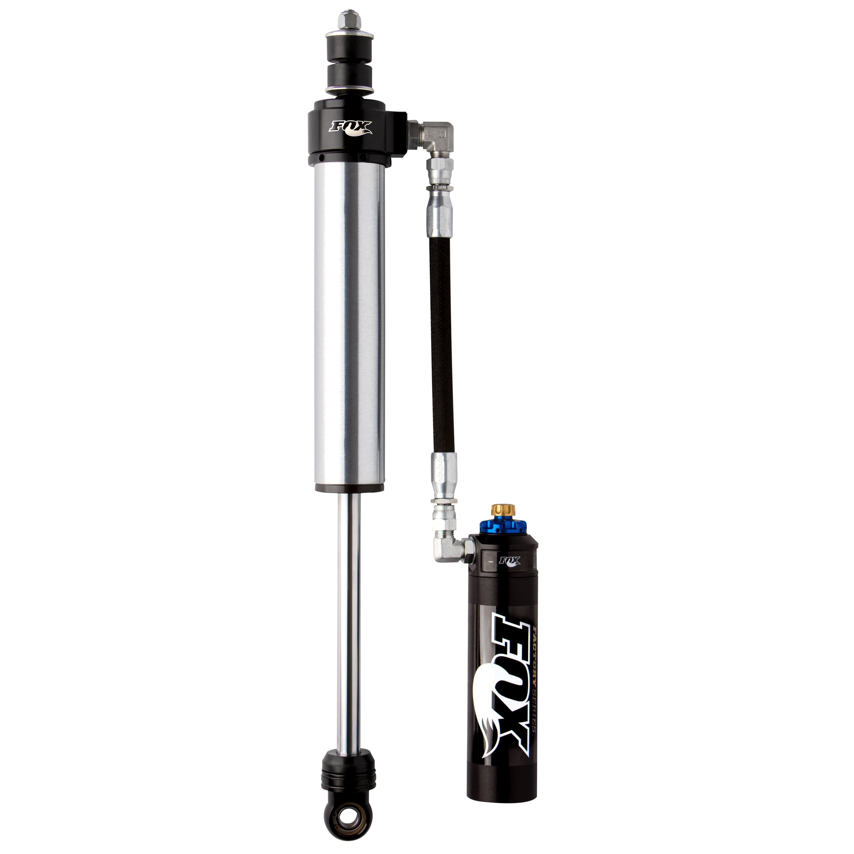 Fox 2.5 Factory Series rear shock absorbers with remote reservoirs and DSC adjusters for 2005-2023 Toyota Tacoma.