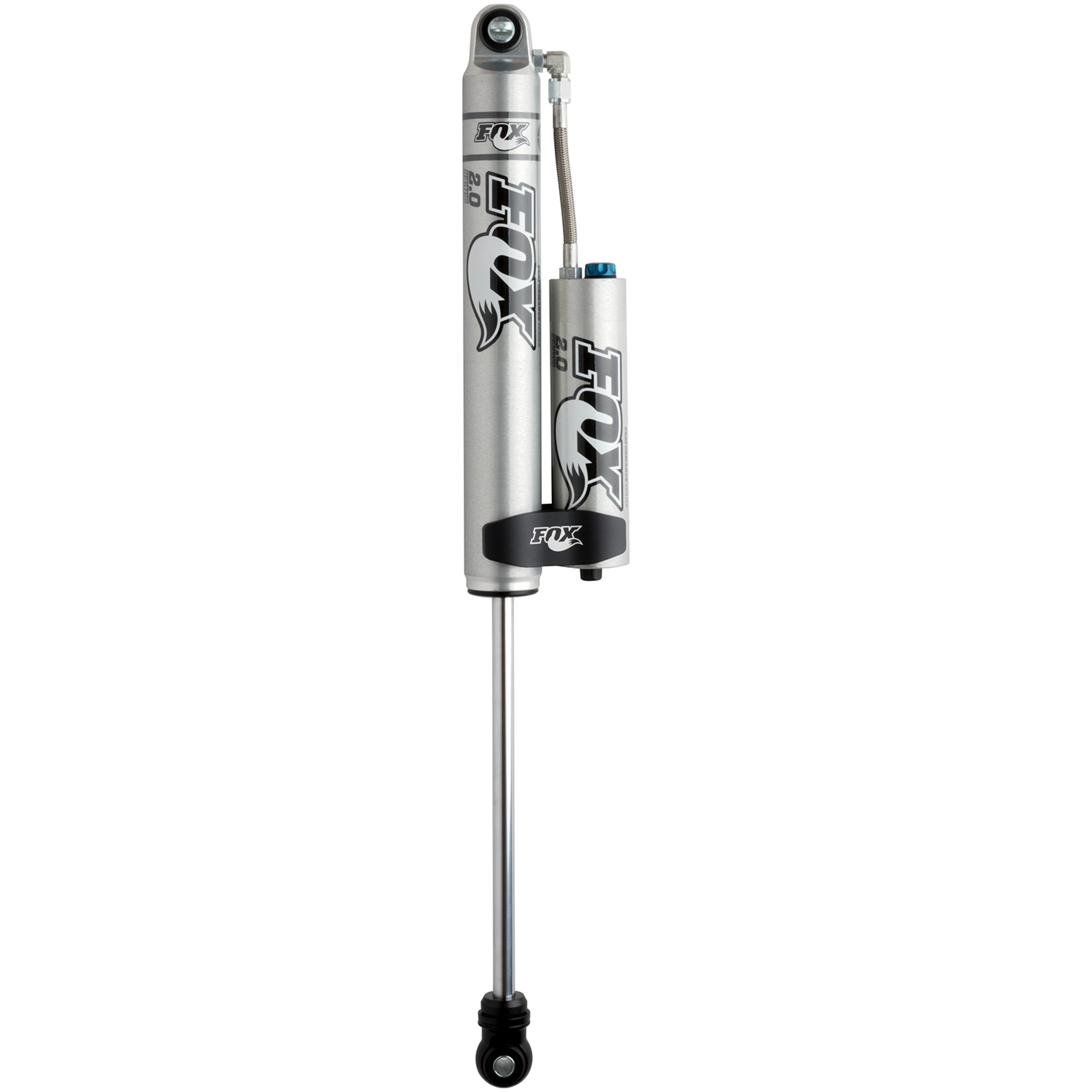 Fox 2.0 Factory Series remote reservoir rear shock with CD adjuster and aluminum reservoir clamp for Jeep Wrangler JK.