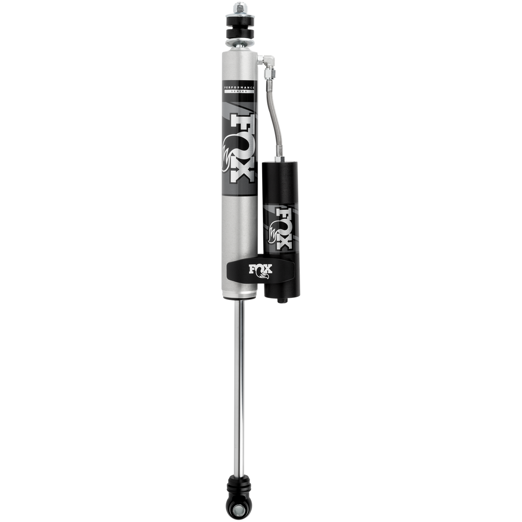 Fox 2.0 Performance Series remote reservoir front shock with black anodized aluminum components and hard chrome shaft.
