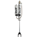 Fox 2.0 Performance Series smooth body remote reservoir front shock with silver aluminum body and black mounting hardware.