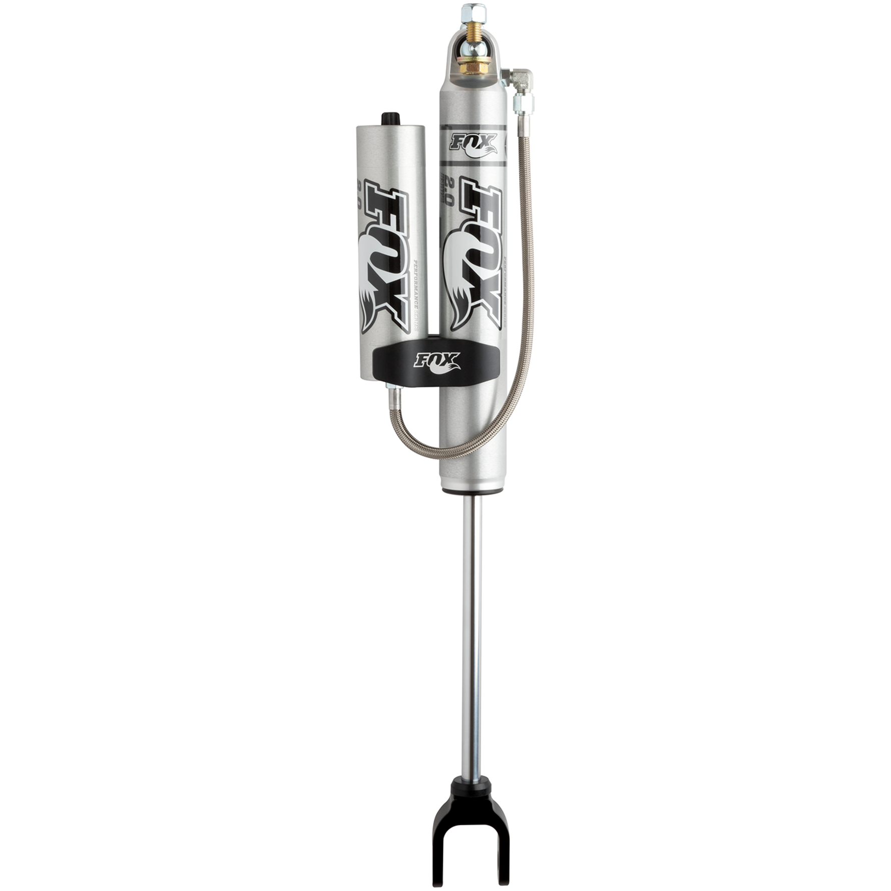 Fox 2.0 Performance Series smooth body remote reservoir front shock with silver aluminum body and black mounting hardware.
