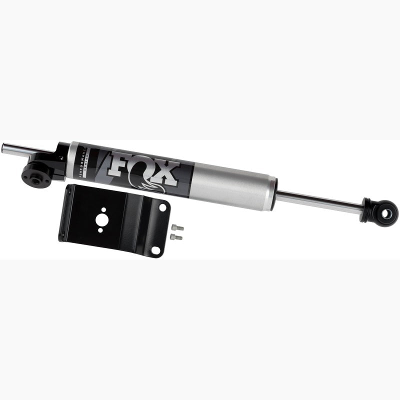 Fox 2.0 Performance Series through-shaft steering stabilizer with black anodized aluminum axle mount components.