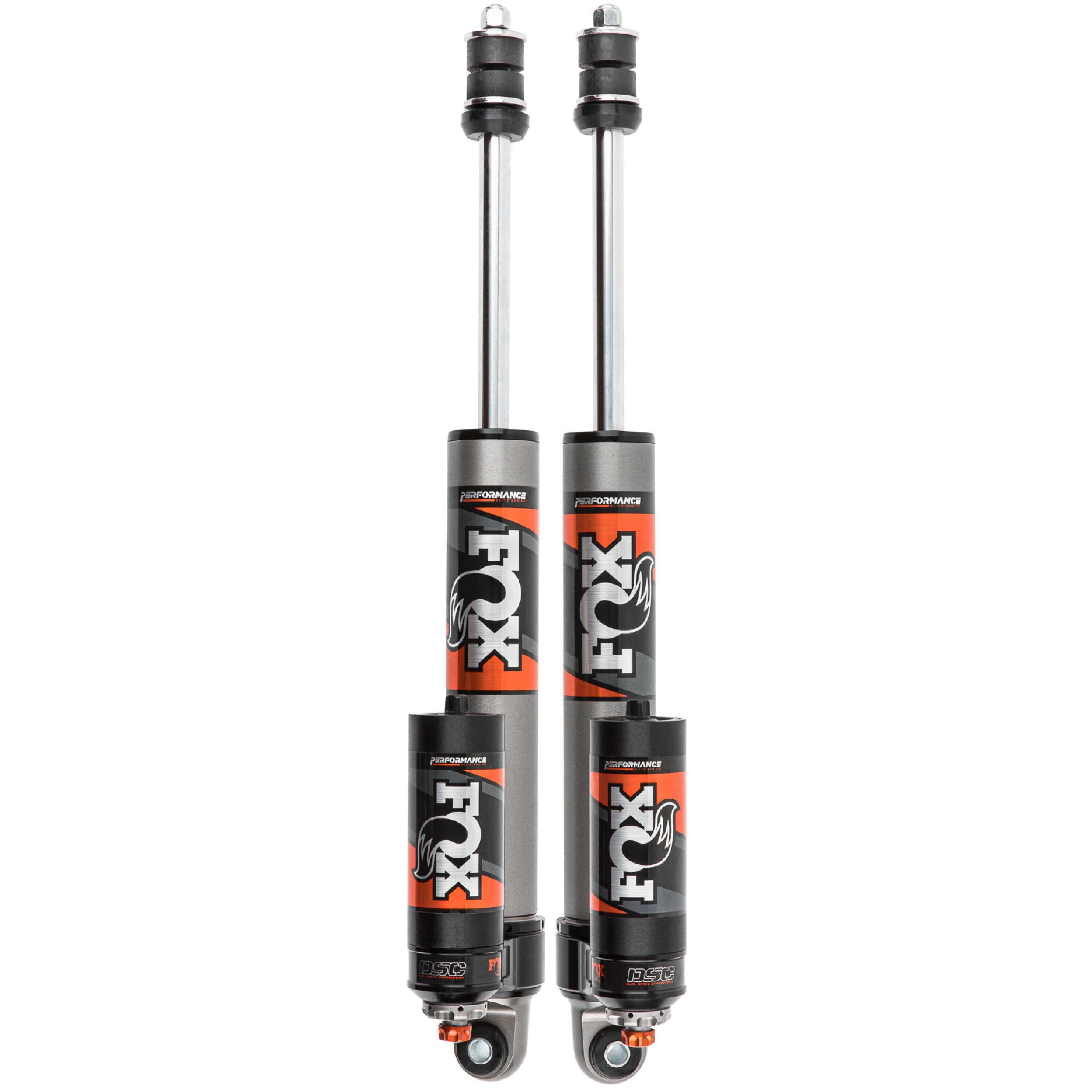 Fox Performance Elite Series 2.5 adjustable rear reservoir shock with 7/8 inch shaft and black anodized aluminum hardware.