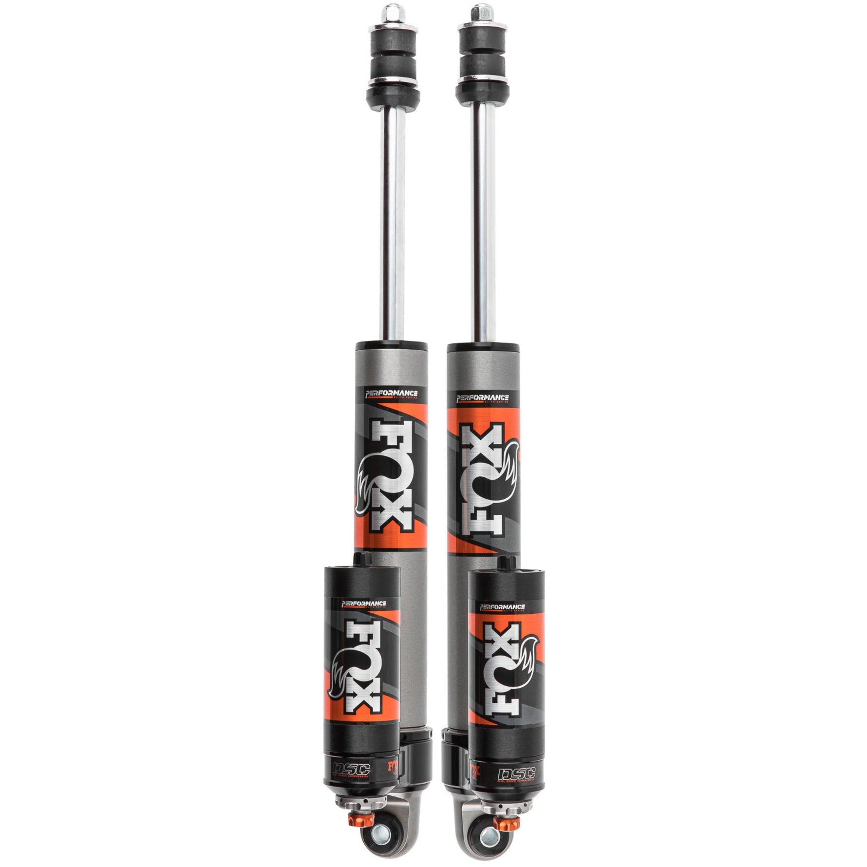 Fox Performance Elite Series 2.5 adjustable rear reservoir shock with 7/8 inch shaft and black anodized aluminum hardware.