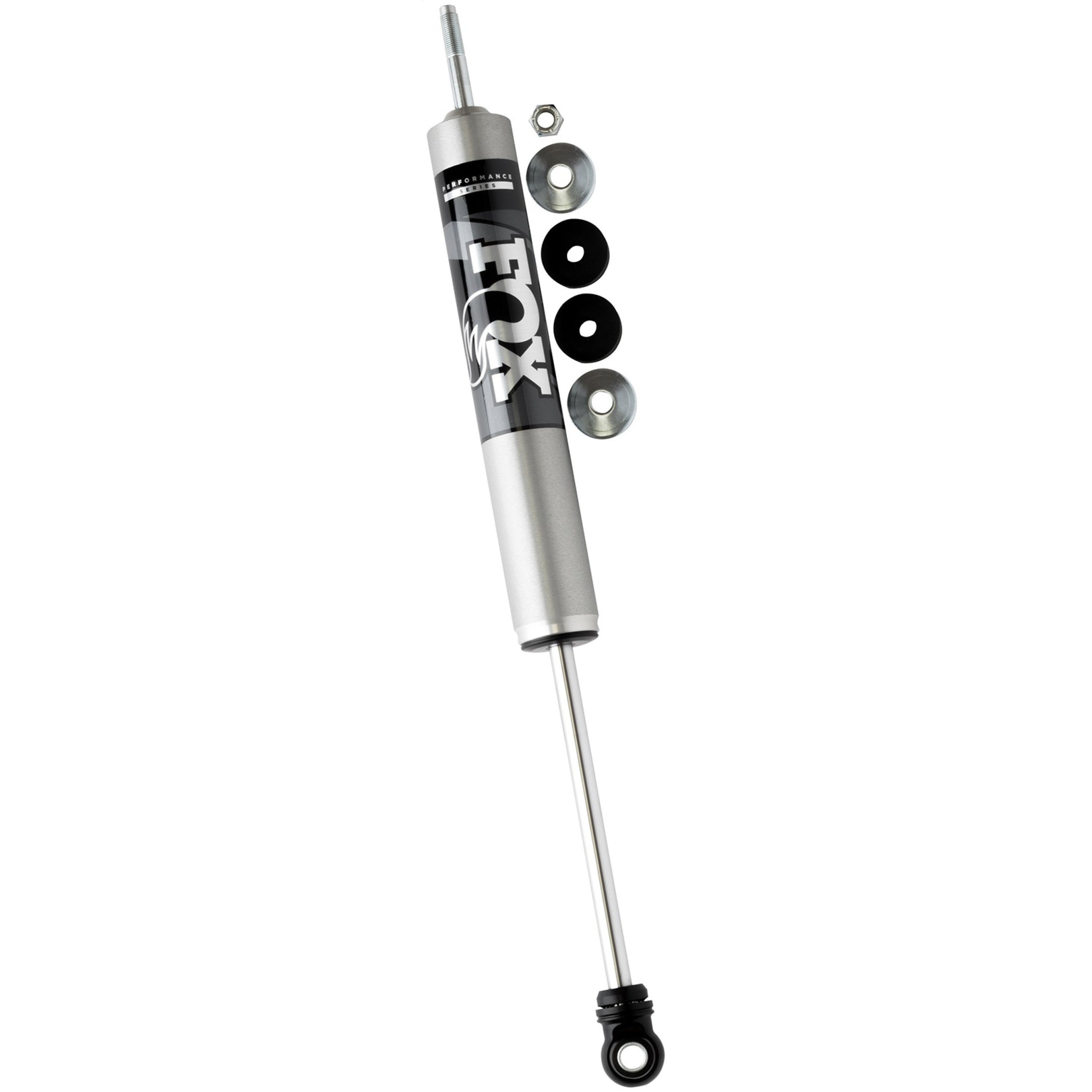 Fox 2.0 Performance Series IFP smooth body front shock absorber with aluminum finish and black mounting hardware