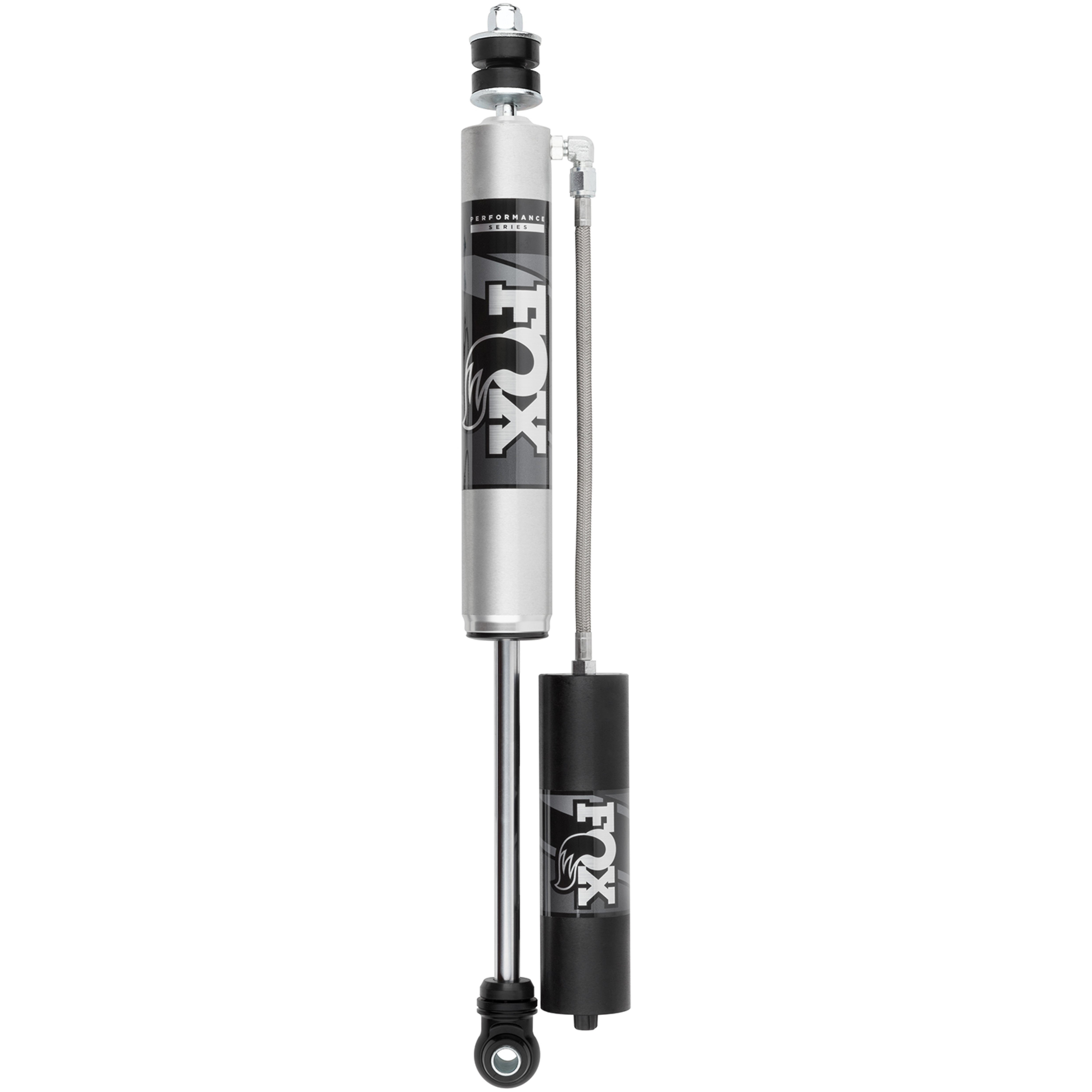 Fox Performance Series 2.0 smooth body front shock with external reservoir and black anodized aluminum clamp.