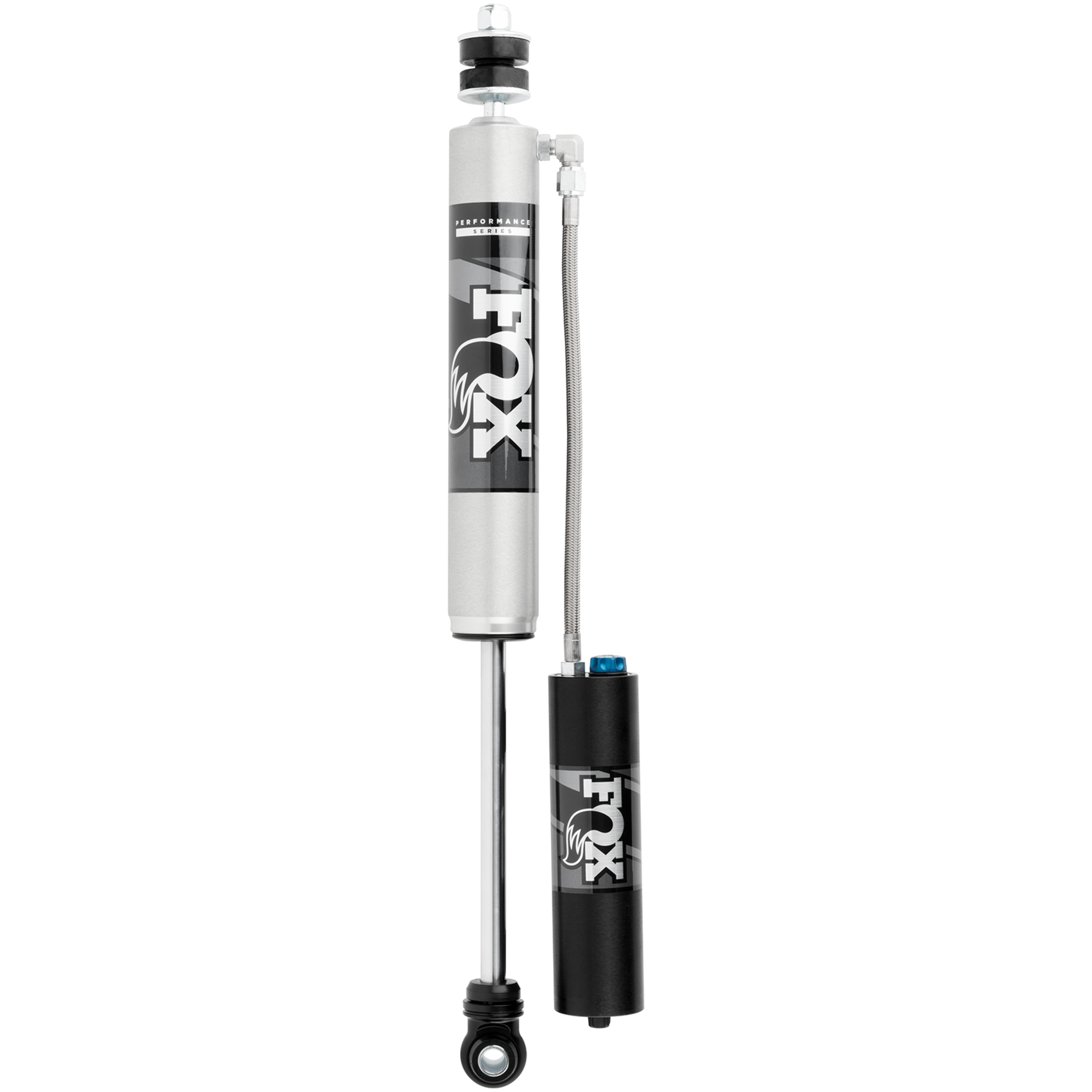 Fox 2.0 Performance Series adjustable remote reservoir front shock with aluminum body and CD adjuster dial.