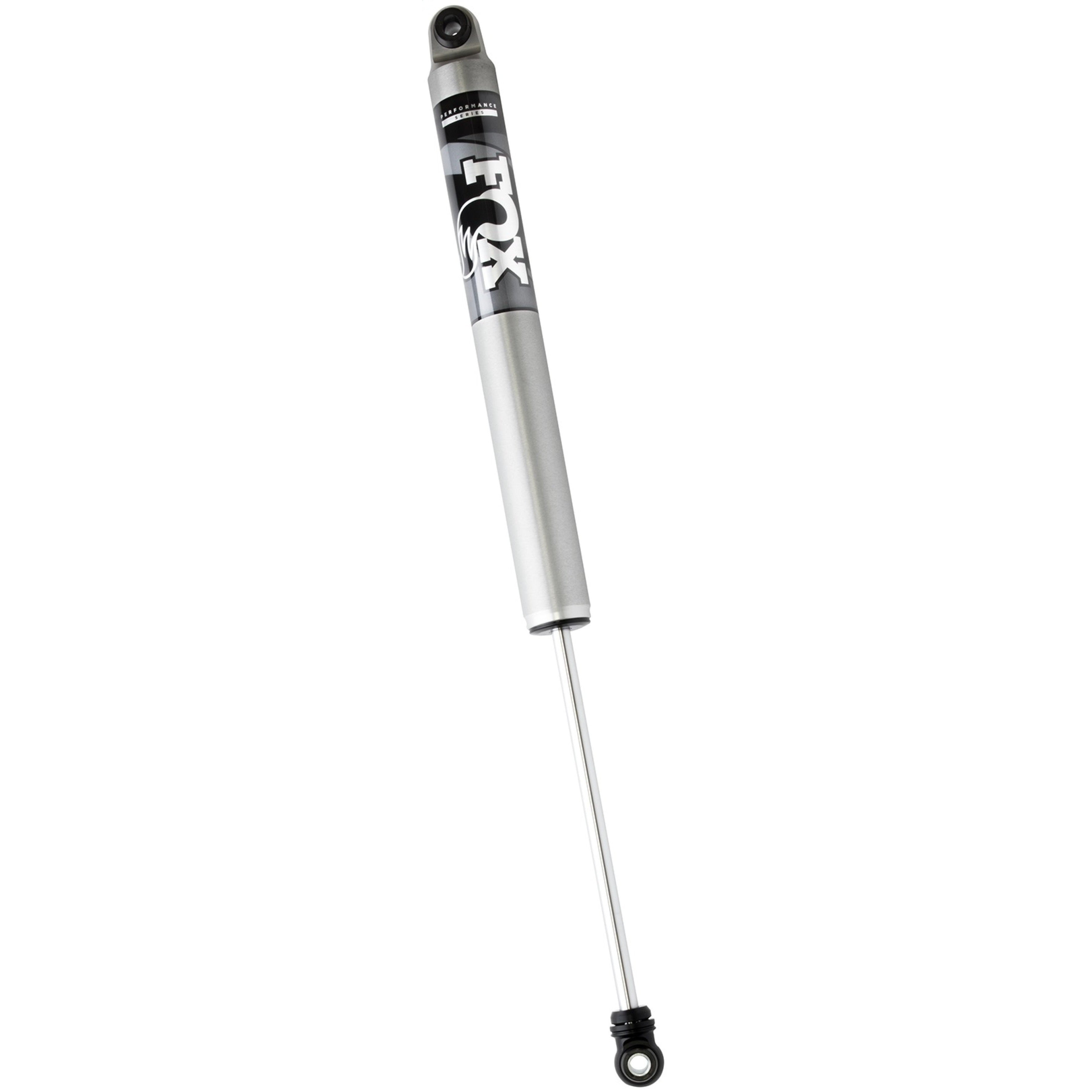 Fox 2.0 Performance Series 12.6 inch smooth body IFP rear shock with silver aluminum body and black anodized mounts.