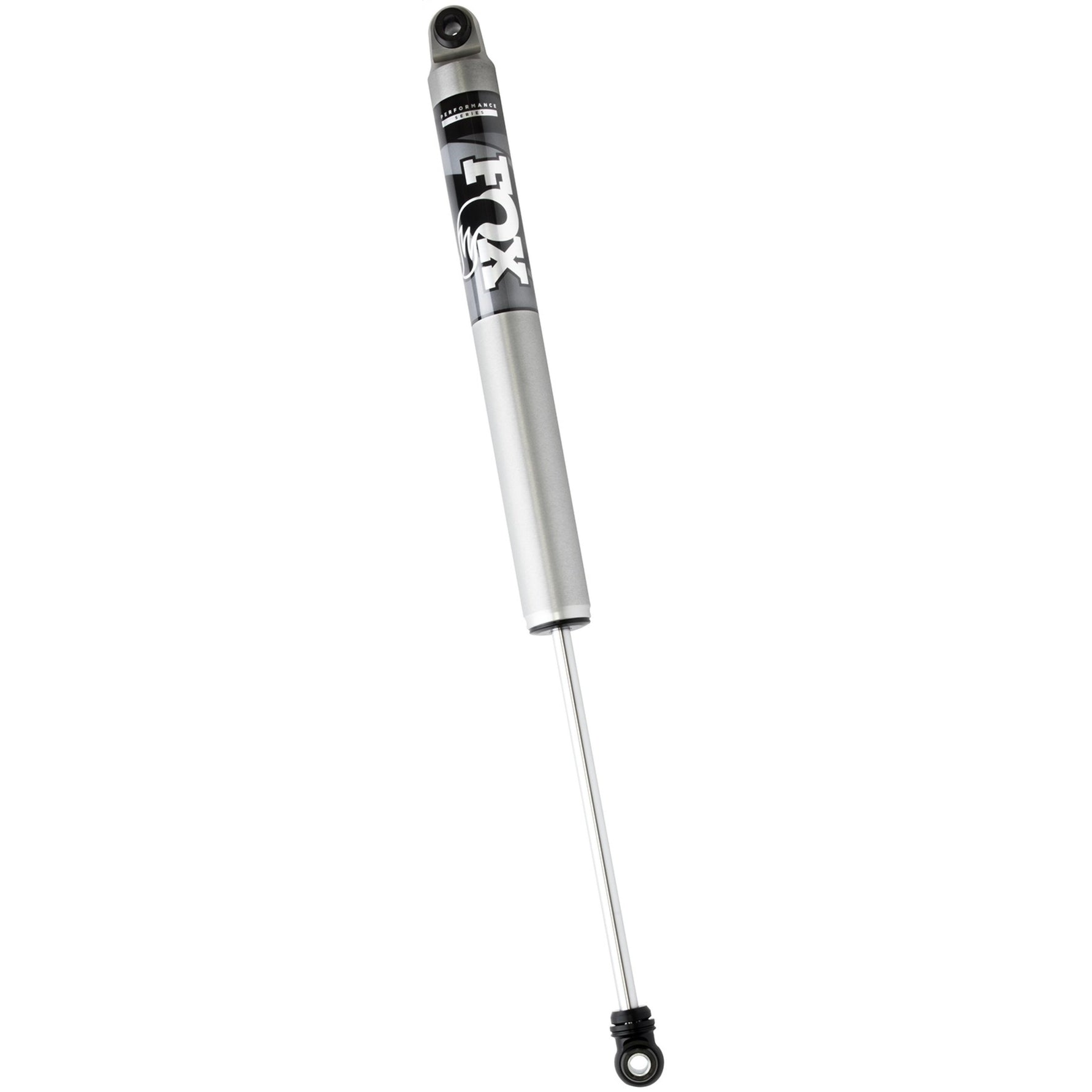 Fox 2.0 Performance Series 12.6 inch smooth body IFP rear shock with silver aluminum body and black anodized mounts.