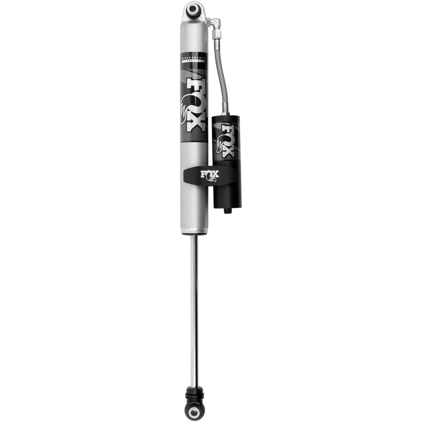 Fox 2.0 Performance Series rear reservoir shock with zinc-plated body and aluminum reservoir mounting clamp.