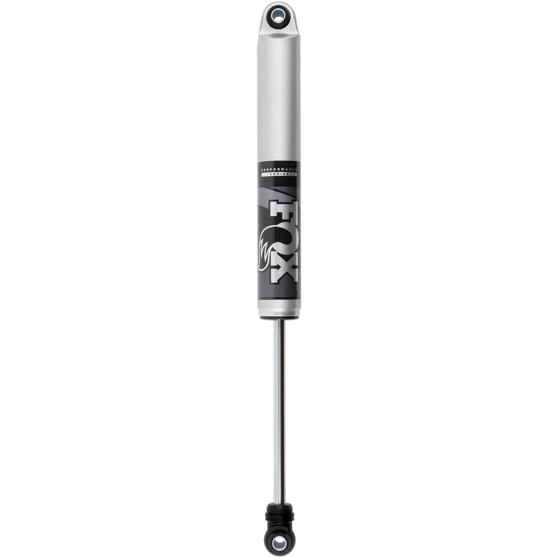 Fox 2.0 Performance Series IFP rear shock with clear-anodized aluminum body and black mounting hardware.