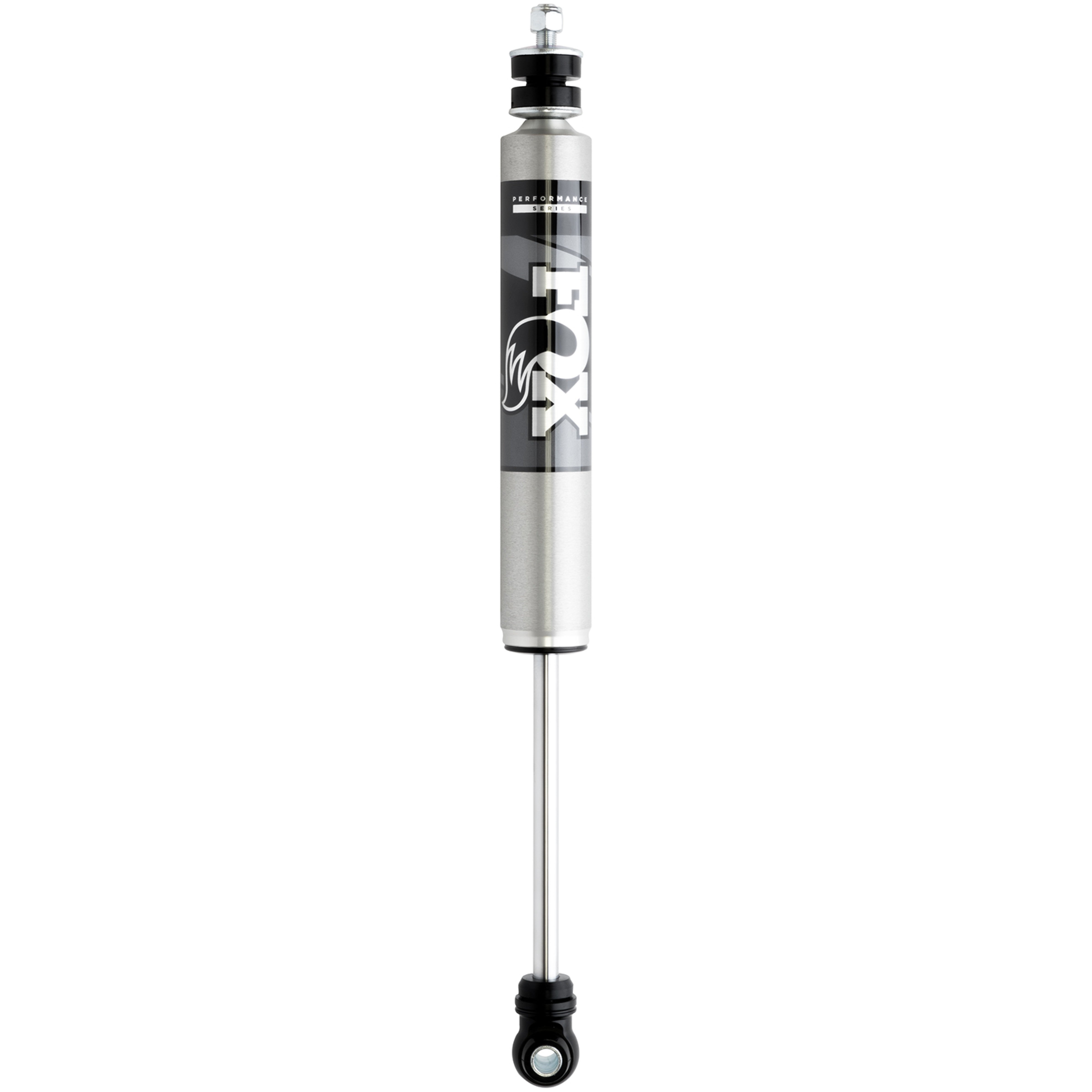 Fox 2.0 Performance Series Smooth Body IFP front shock with silver aluminum body and black anodized mounting components.