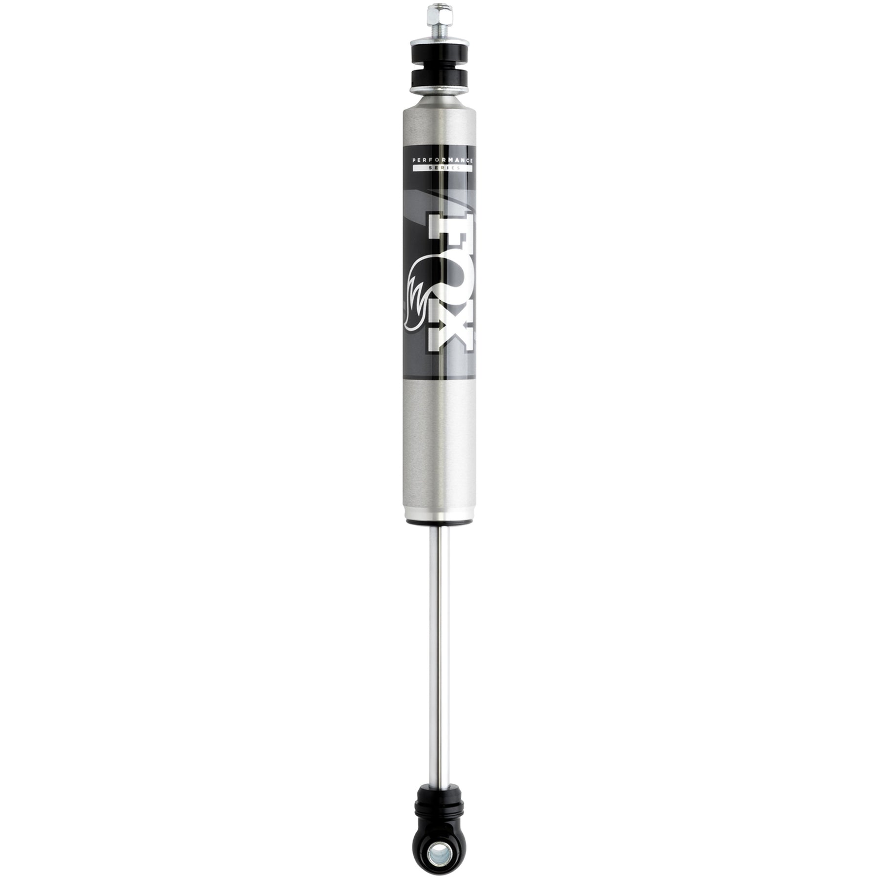 Fox 2.0 Performance Series Smooth Body IFP front shock with silver aluminum body and black anodized mounting components.