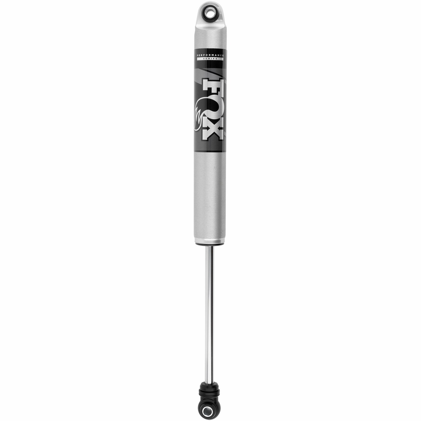 Fox 2.0 Performance Series 10 inch travel smooth body IFP shock with silver aluminum body and black anodized eyelet ends.