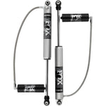 Fox 2.0 Performance Series remote reservoir front shock with silver aluminum body and black anodized hardware.