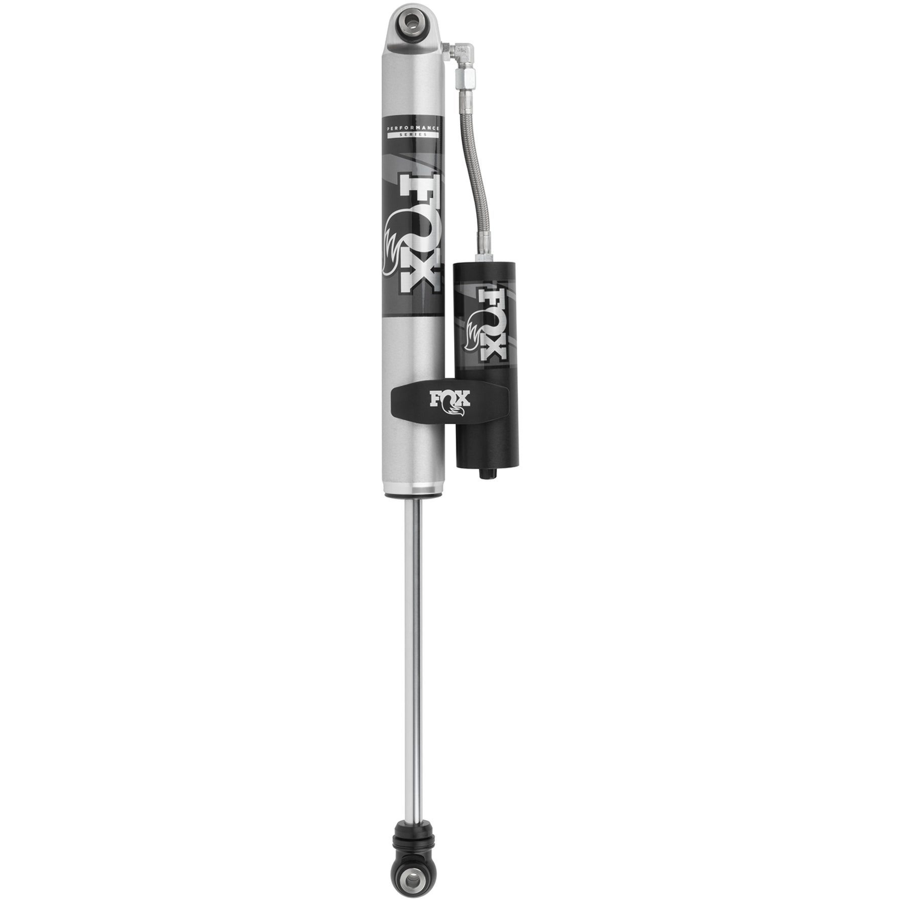 Fox 2.0 Performance Series remote reservoir rear shock for 2020-2025 Jeep Gladiator with aluminum reservoir clamp.