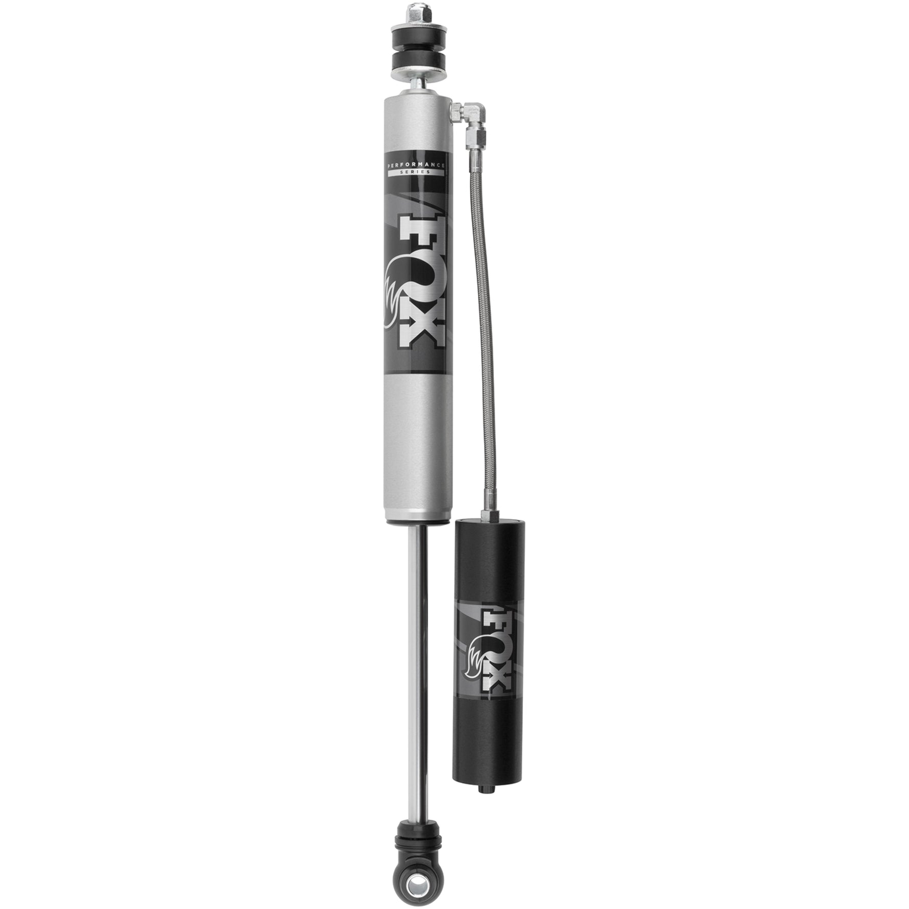 Fox 2.0 Performance Series front remote reservoir shock with aluminum body and black anodized mounting clamp