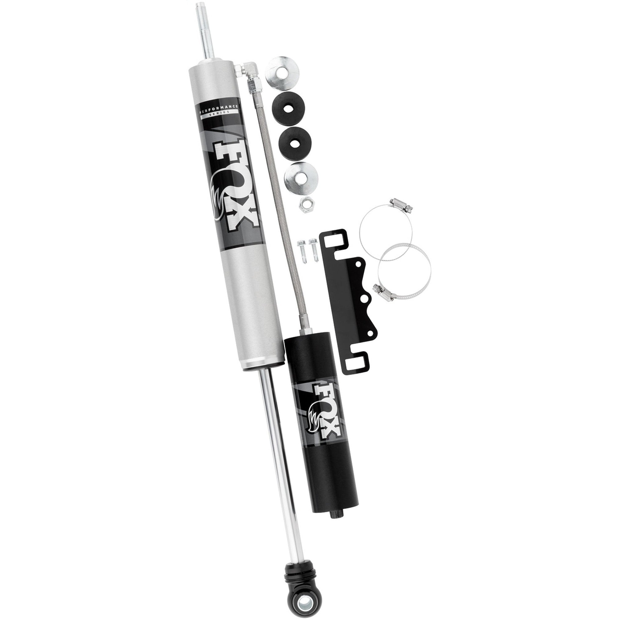Fox 2.0 Performance Series remote reservoir front shock with clear-anodized aluminum body and black mounting hardware.