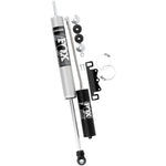 Fox 2.0 Performance Series remote reservoir front shock with clear-anodized aluminum body and black mounting hardware.