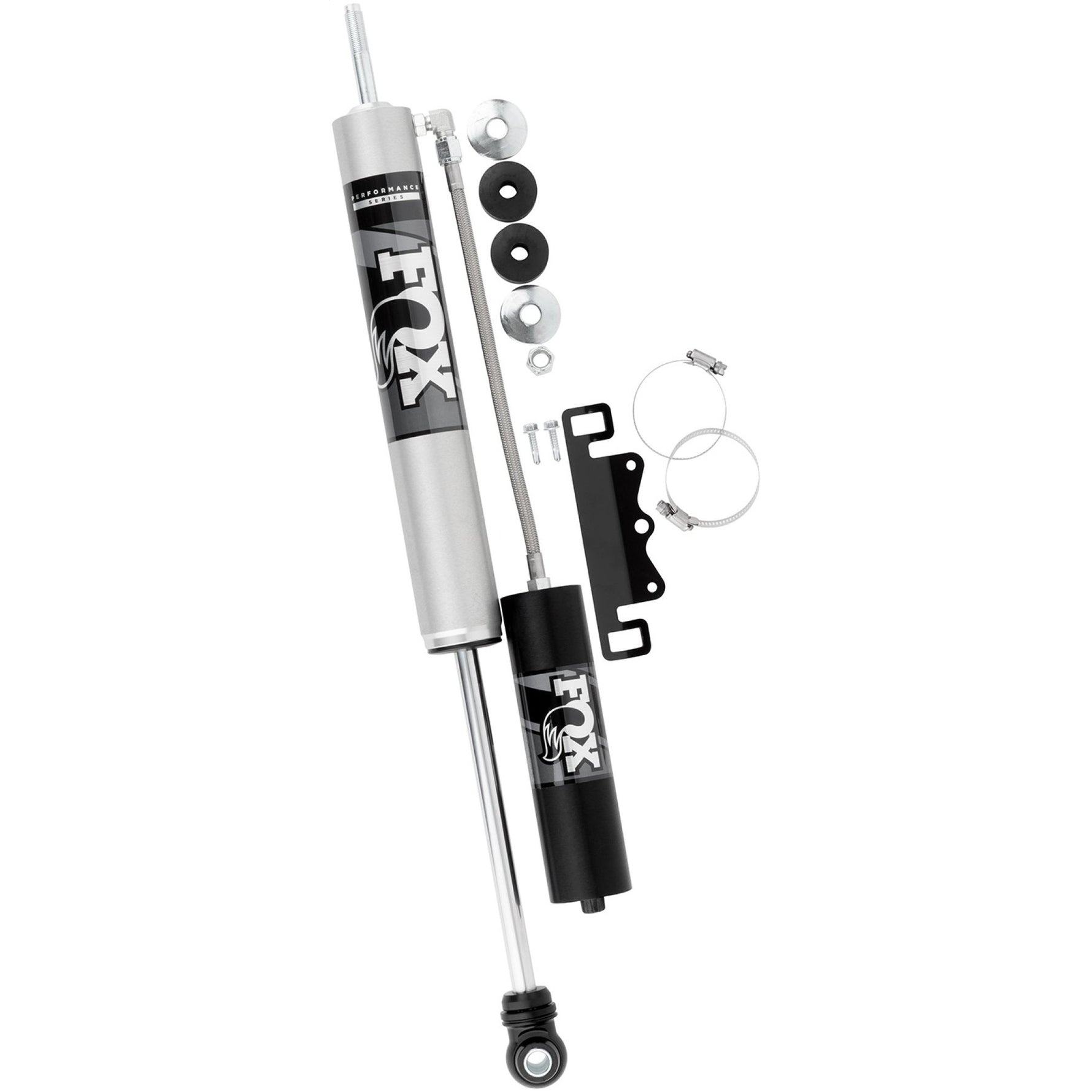 Fox 2.0 Performance Series remote reservoir front shock with clear-anodized aluminum body and black mounting hardware.