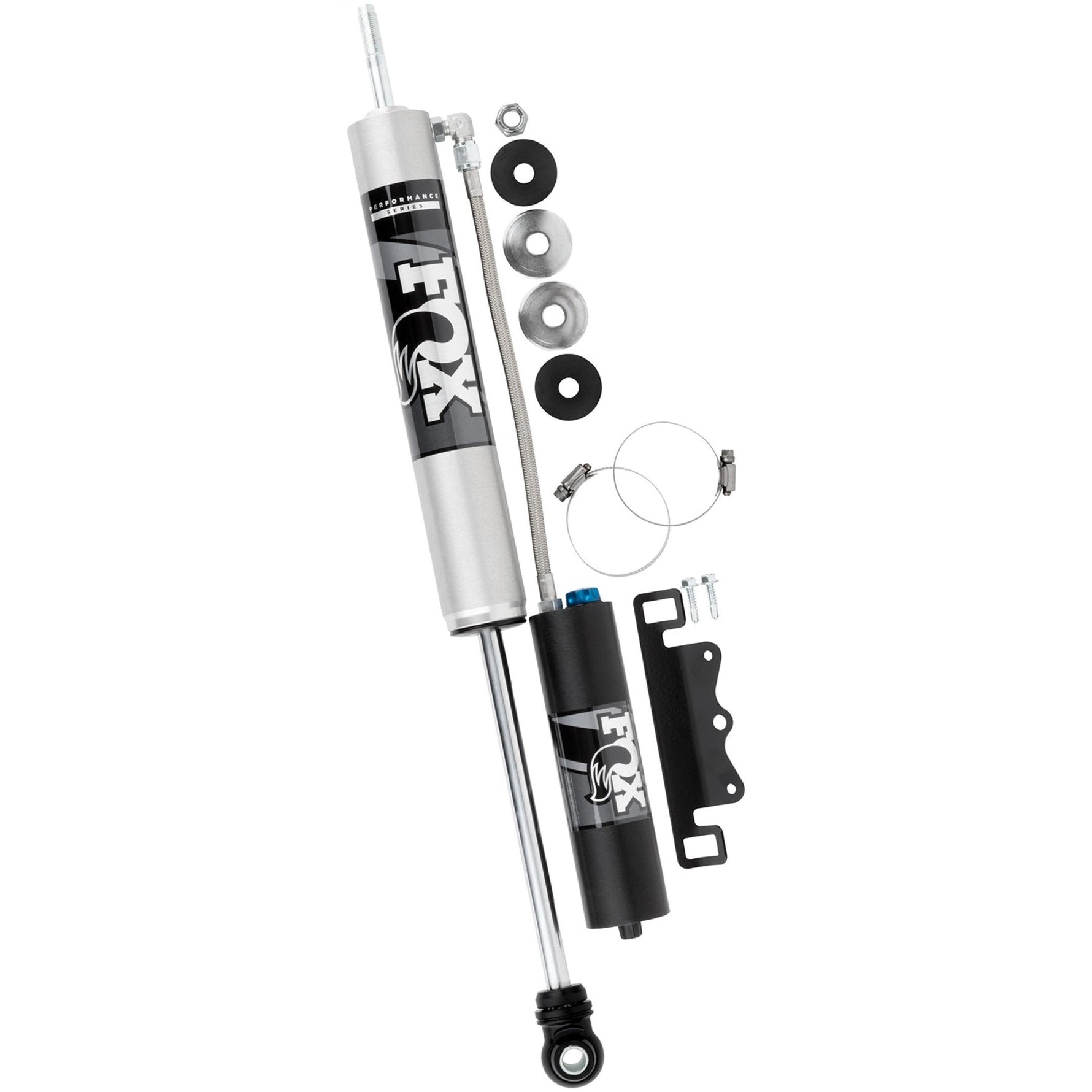 Fox 2.0 Performance Series front shock with remote reservoir and black CD adjuster knob.