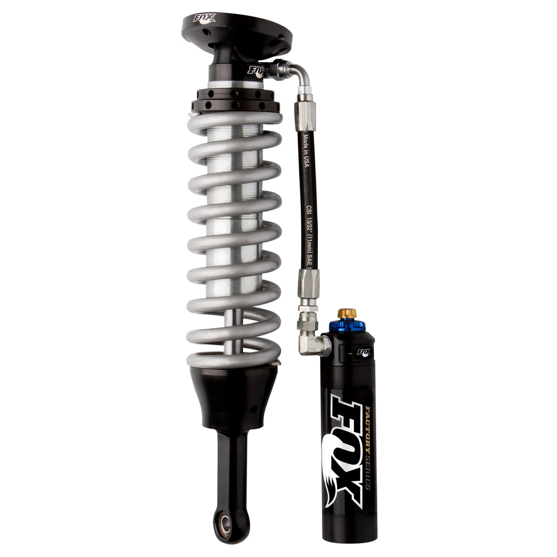 Fox 2.5 Factory Series remote reservoir coilover with blue coil spring and Dual Speed Compression adjustment dial.