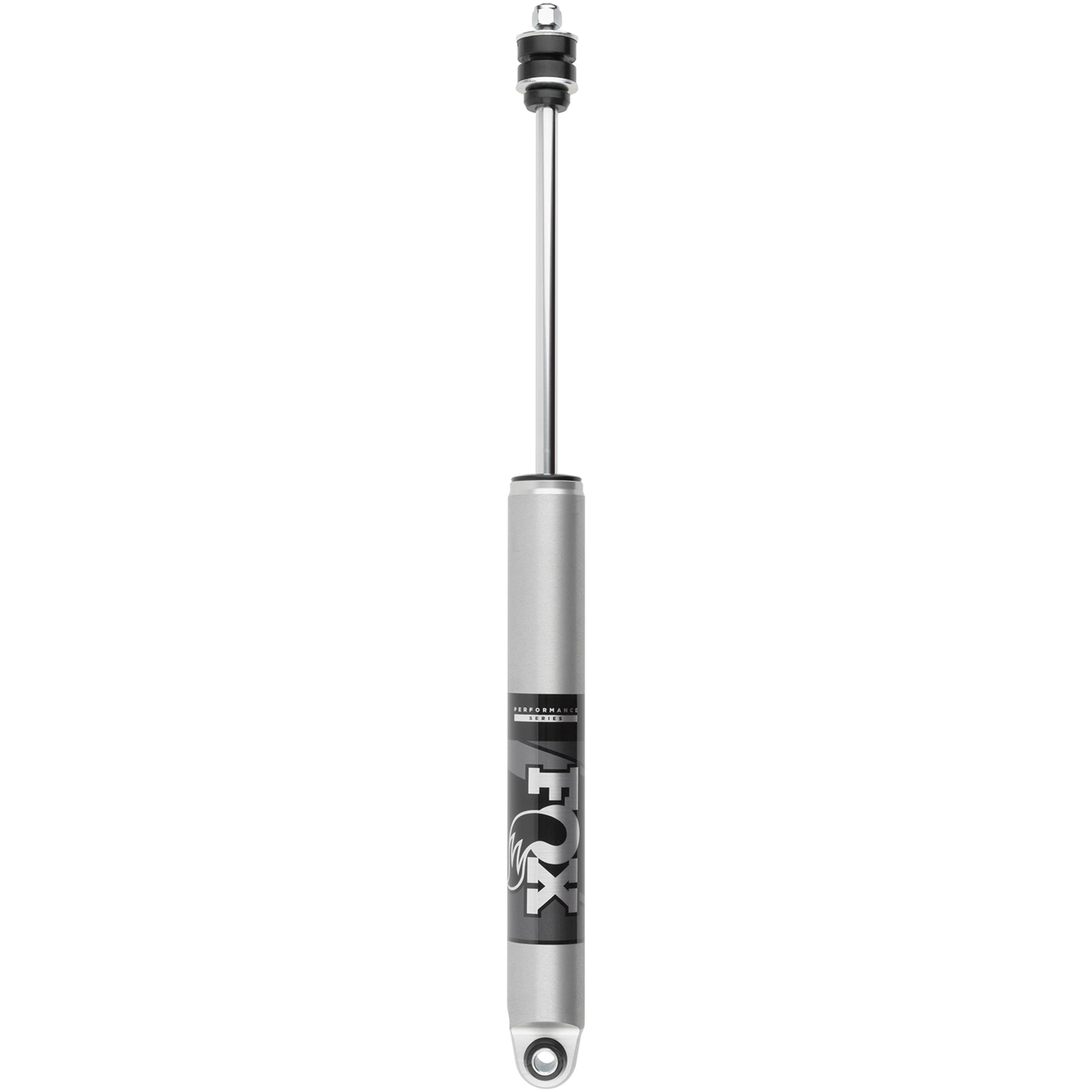 Fox 2.0 Performance Series rear IFP shock with clear-anodized aluminum body and black CNC-machined mounting components.