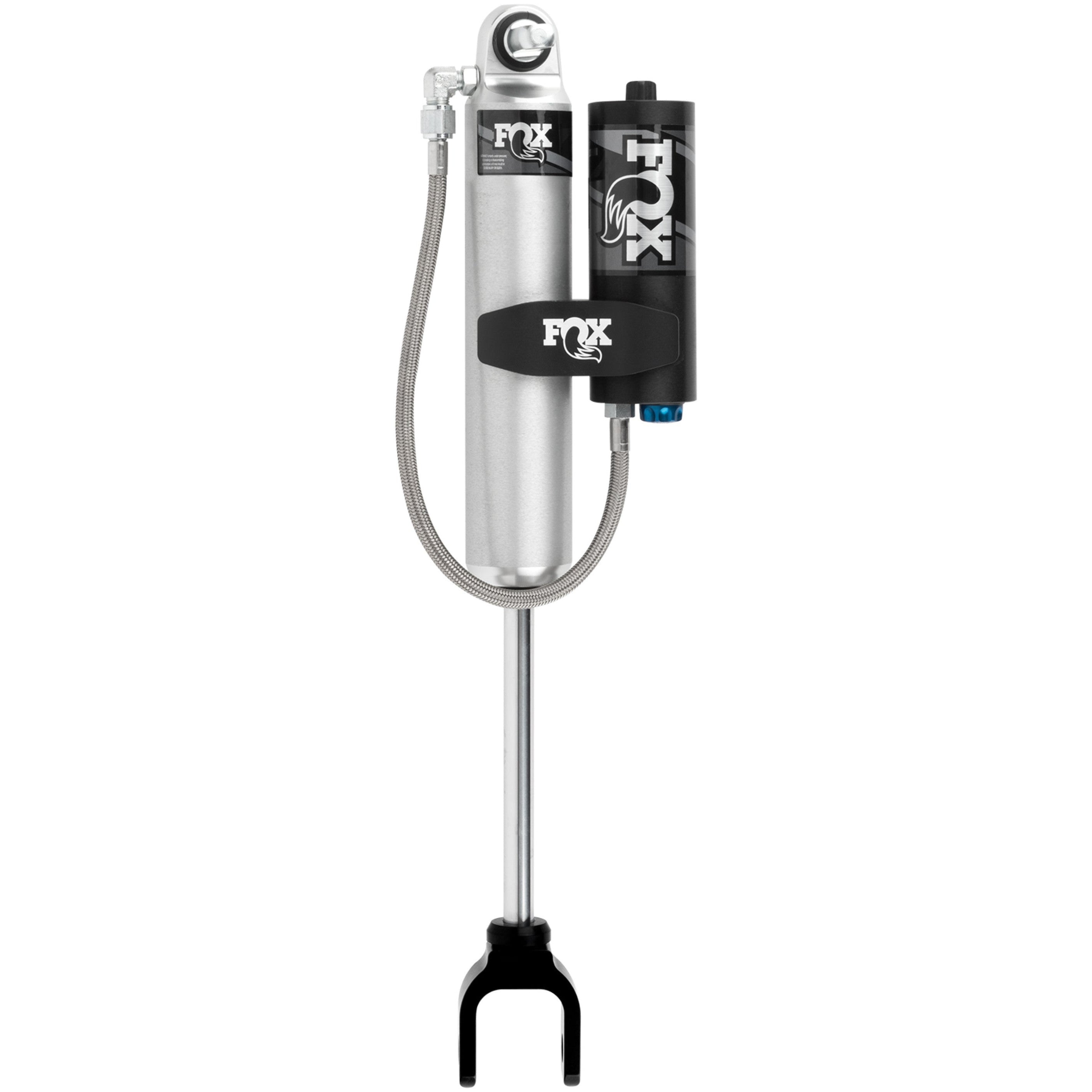 Fox 2.0 Performance Series front reservoir shock with LSC adjuster and aluminum reservoir clamp.